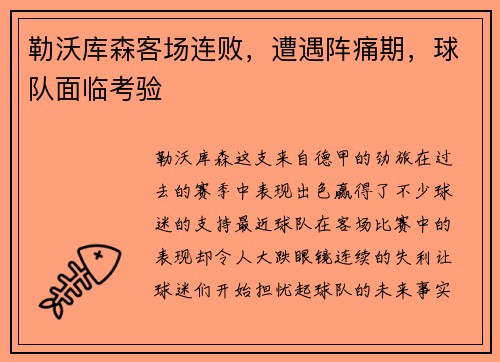 勒沃库森客场连败，遭遇阵痛期，球队面临考验